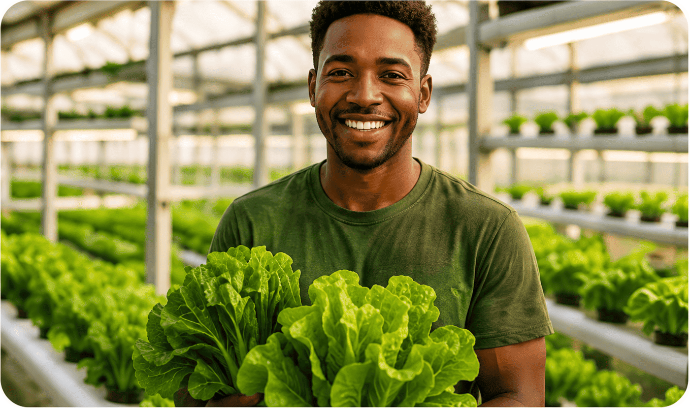 Certified farmer holding freshly grown lettuce in a greenhouse
